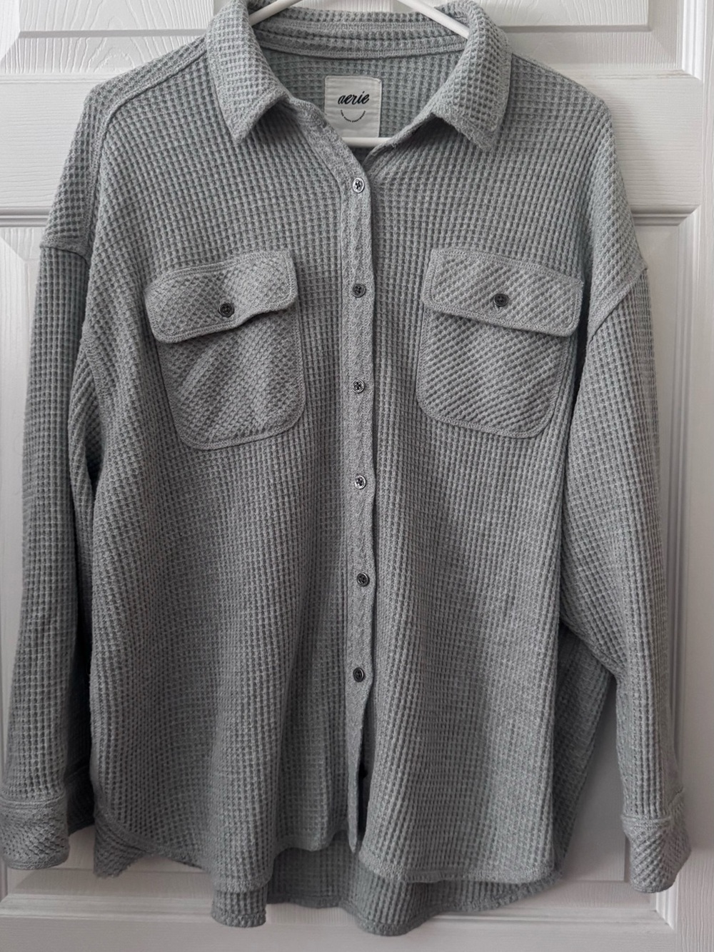 aerie Light Gray Waffle-Knit Button-Up Cardigan Shirt-Size Small